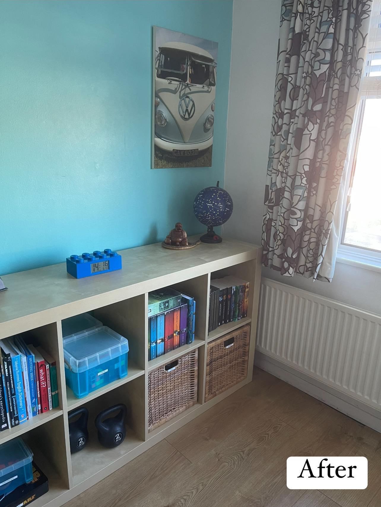 After: a low unit with books, boxes and baskets neatly in its cubbies, and a clear floor