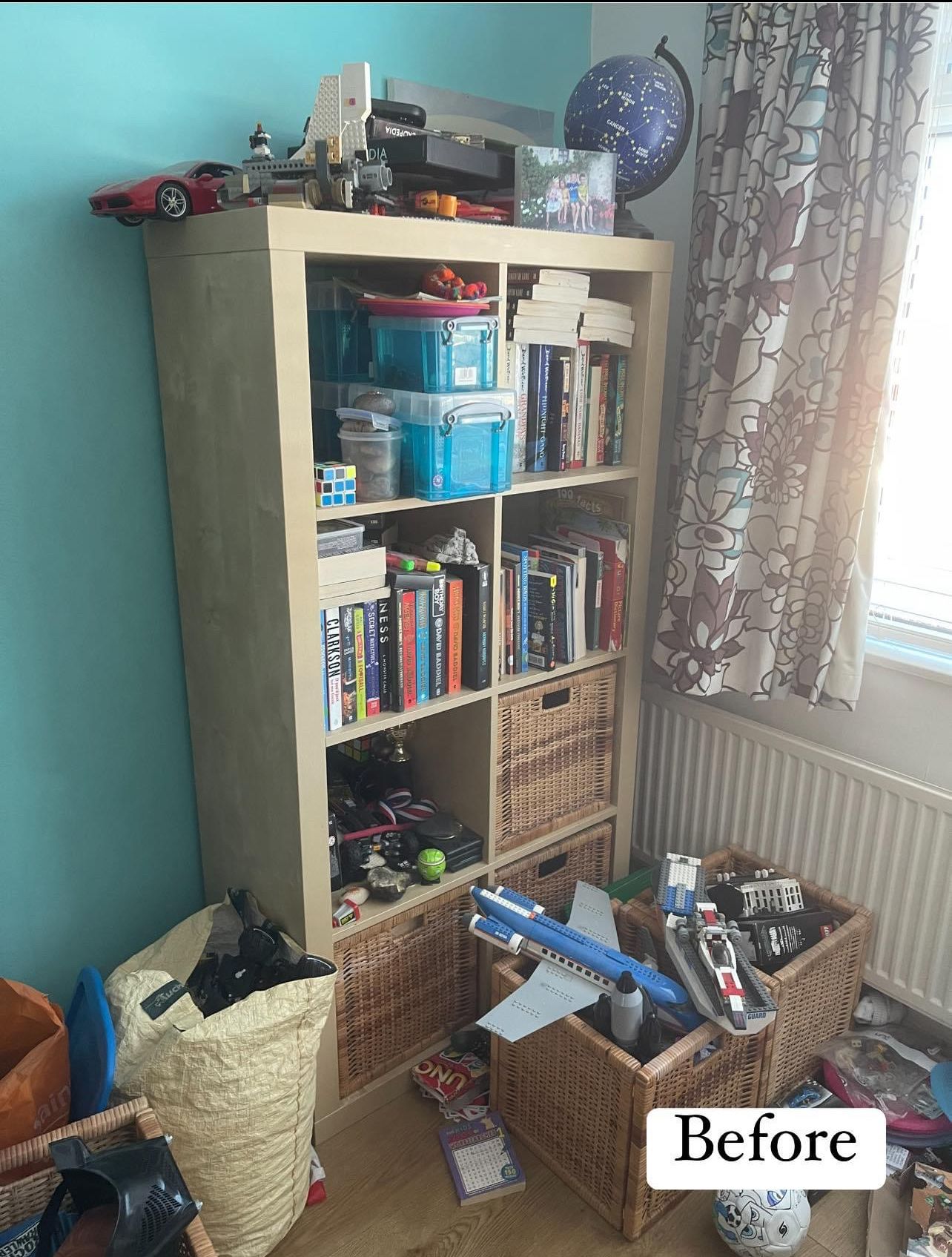 Before: a tall bookcase crammed with boxes, toys and papers, with more toys and baskets piled on the floor in front