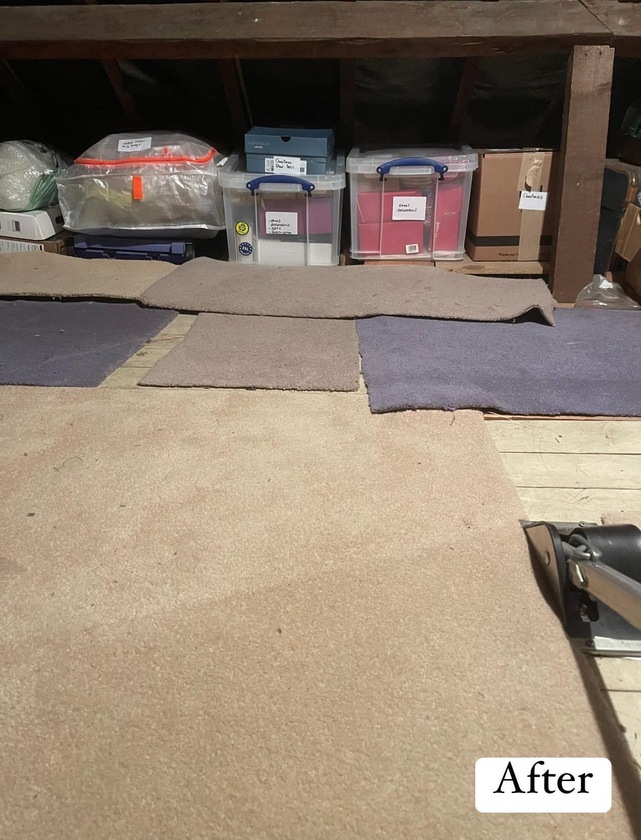 After: the loft floor clear and carpeted, with labelled storage boxes lined up under the eaves
