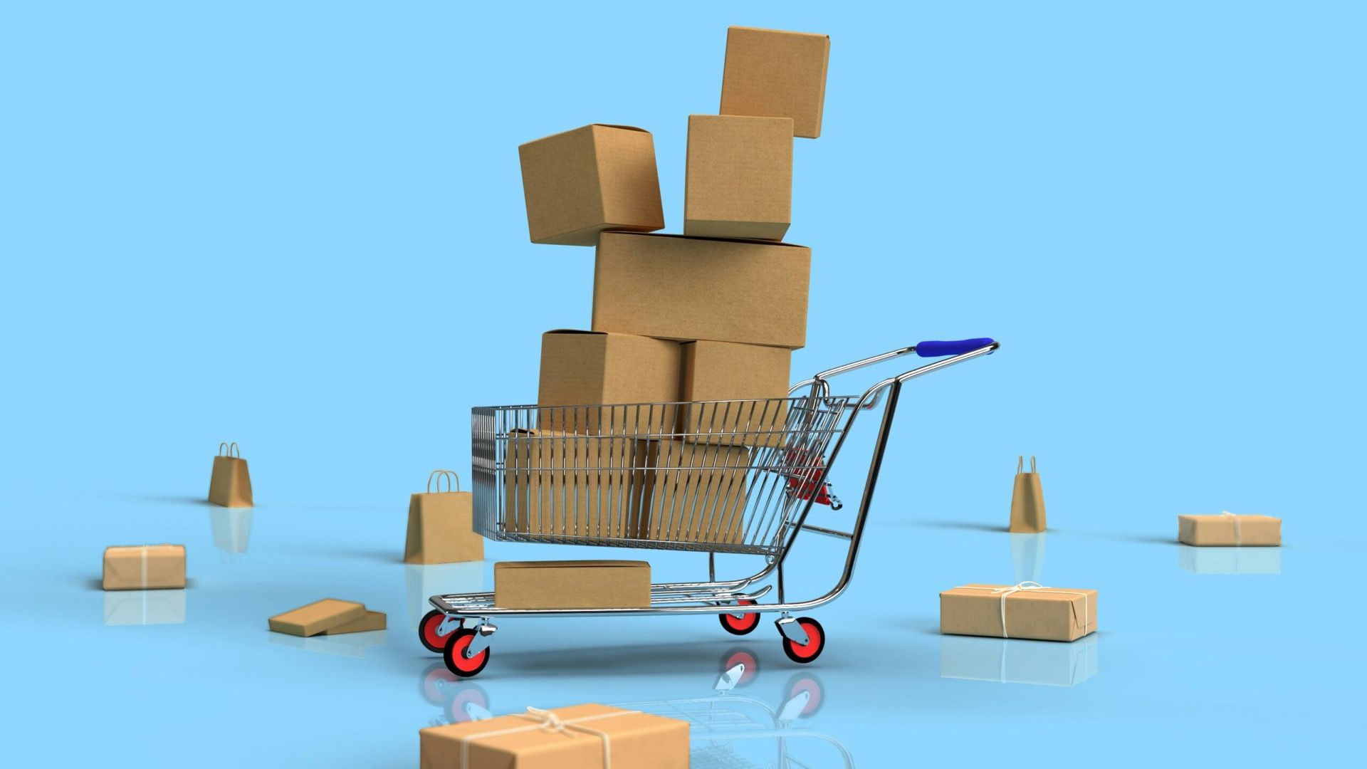 Cardboard boxes piled high in a shopping trolley, with parcels and paper bags on the floor around it